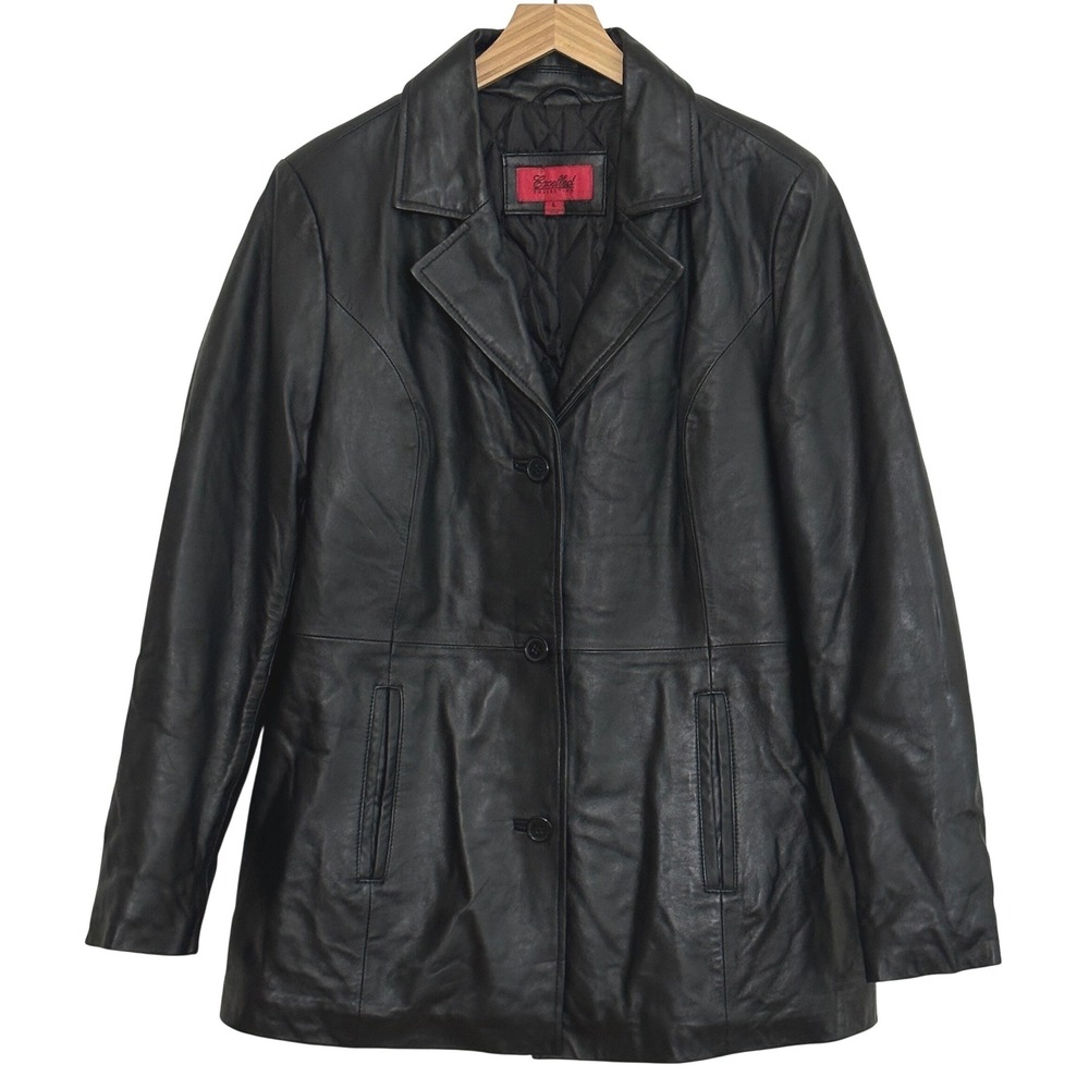 VTG 90s Y2K Womens Jacket L Black Leather Blazer Quilt Lined Coat Minimalist